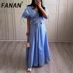 FANAN Solid Patchwork Appliques Dress For Women V Neck Short Sleeve High Waist Temperament Elegant Dresses Female Fashion