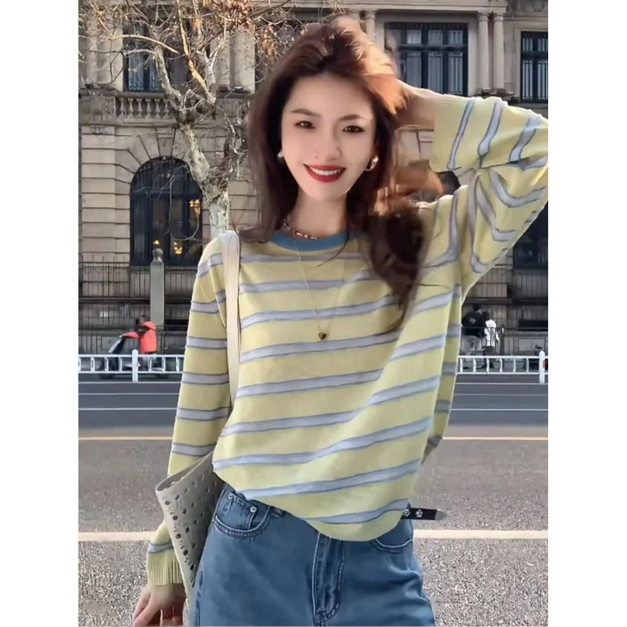 

Loose Fit Striped Long Sleeve round Neck T-Shirt Women's Style Spring New Unique Beautiful Top Comfortable Feeling Color Block