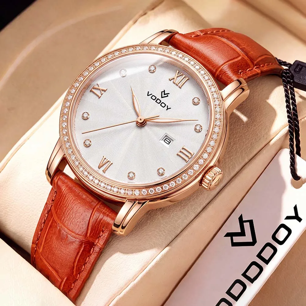Vodoy Women's Quartz Watch Trendy Mother-of-Pearl Quartz Watch for Women Chanel-Style DiamondSet Calendar Everyday Women's Watch