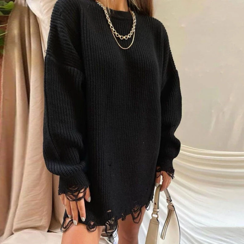 Women Ripped Hole Knit Dress Autumn Winter Long Sleeve Mini Sweater Dresses Casual Loose Oversize Knitted Short Dresses