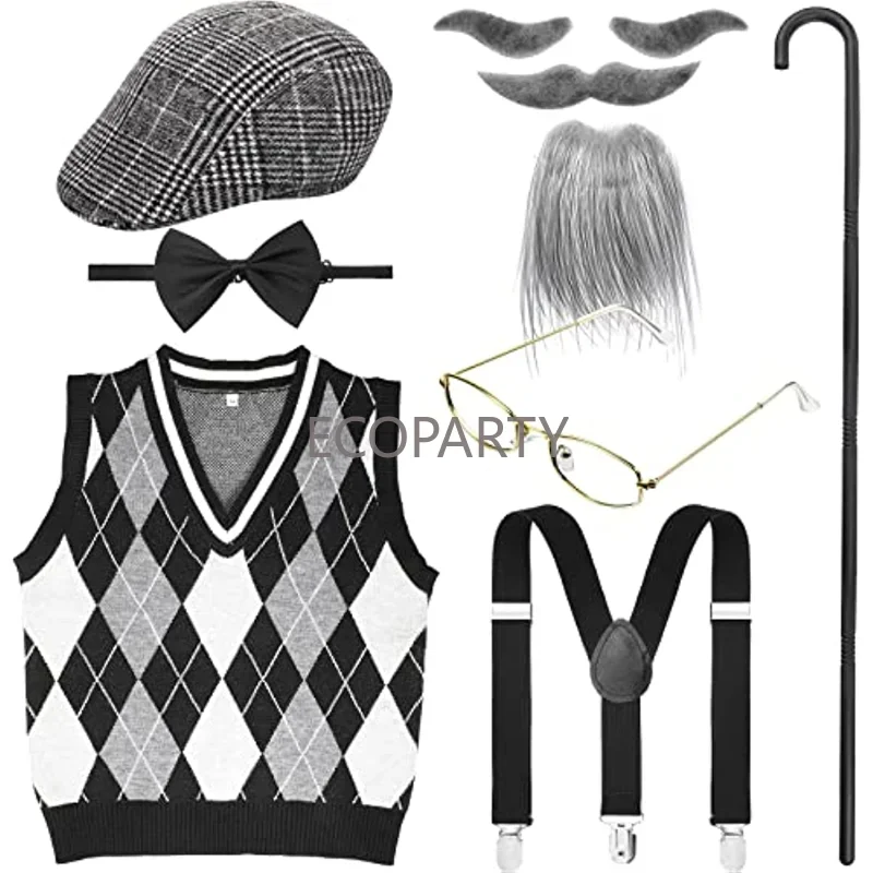 Kids 100 Days of School Costume for Boys 9-Pieces Kids Pretend Halloween Old Man Costume Hat Glasses Vest Set Costumes for Child
