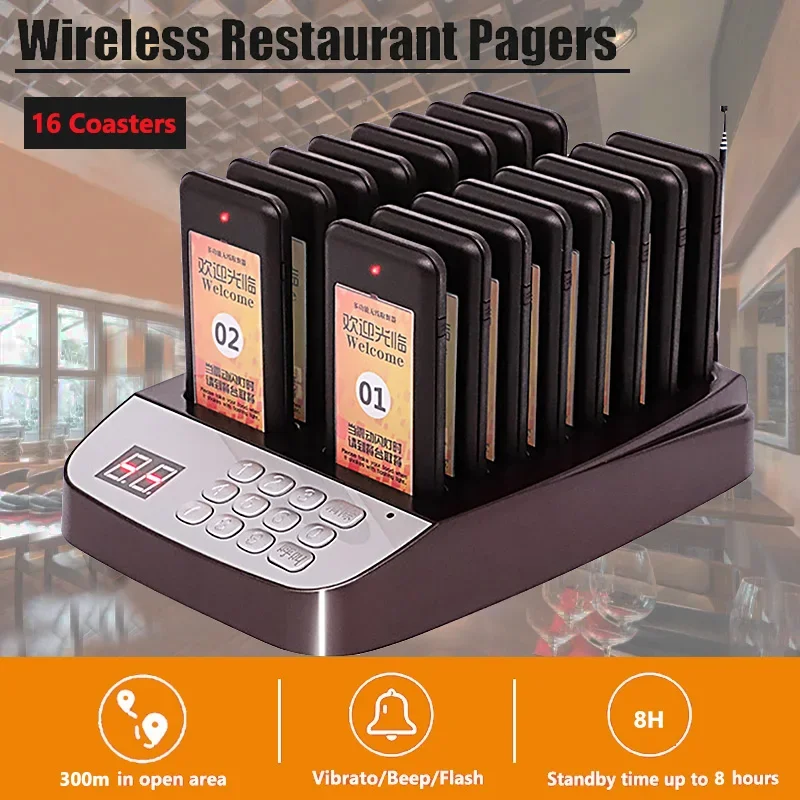 Restaurant Pagers Wireless Calling System 16/20 Vibrator Coaster Buzzer Beeper Receivers For Food Truck Coffee Church Bar Hotel