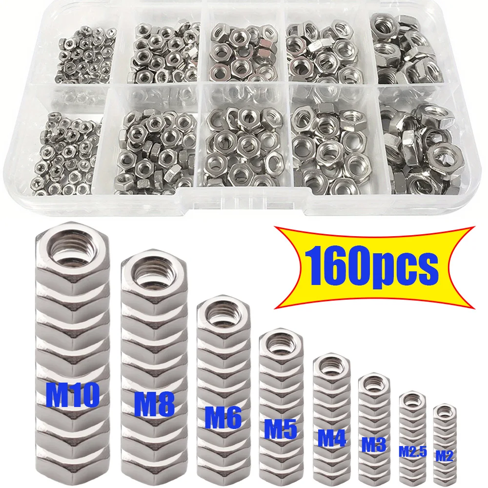 160-Piece M2-M10 Stainless Steel Hex Nut Assortment Kit, for Industrial Fittings,Home Repairs & Outdoor Construction Maintenance
