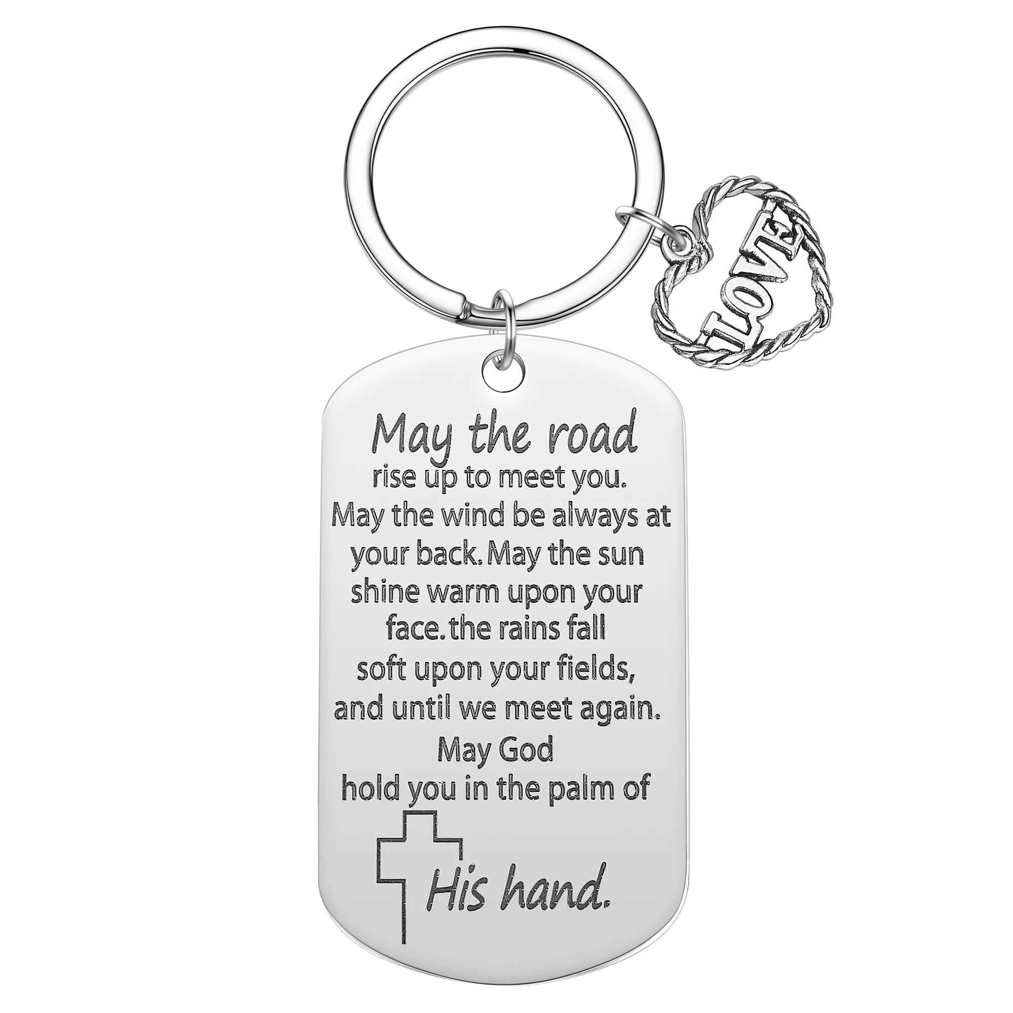 May The Road Rise Up To Meet You Keychain Stainless Steel Keyring Love Heart Pendant Key Chains Car Key Holder