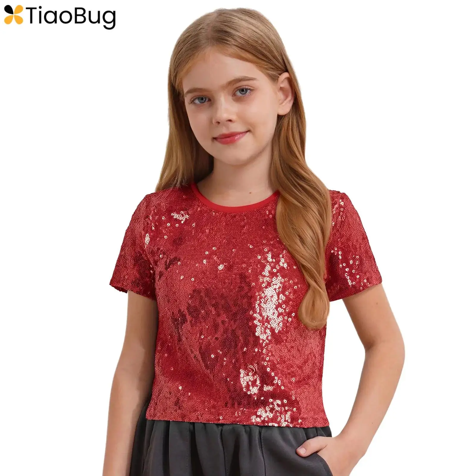 

Kids Girls Jazz Dance Shirt Summer Round Neck Short Sleeve Sparkling Sequins Crop Top Tees for Hip-Hop Street Dance Performance