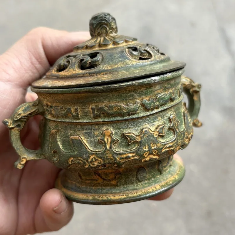 Vintage Alloy Double-Eared Sandalwood Incense Burner with Six-Character Mantra and Auspicious Beasts, Hollow Design, Indoor Tea