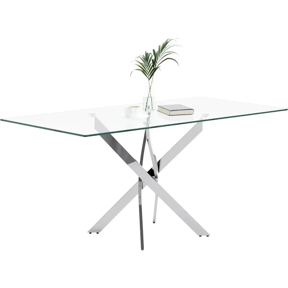 

Tempered Glass Dining Table with Chromed Legs,47" Modern Rectangular Kitchen Table for Dining Room ,Sliver