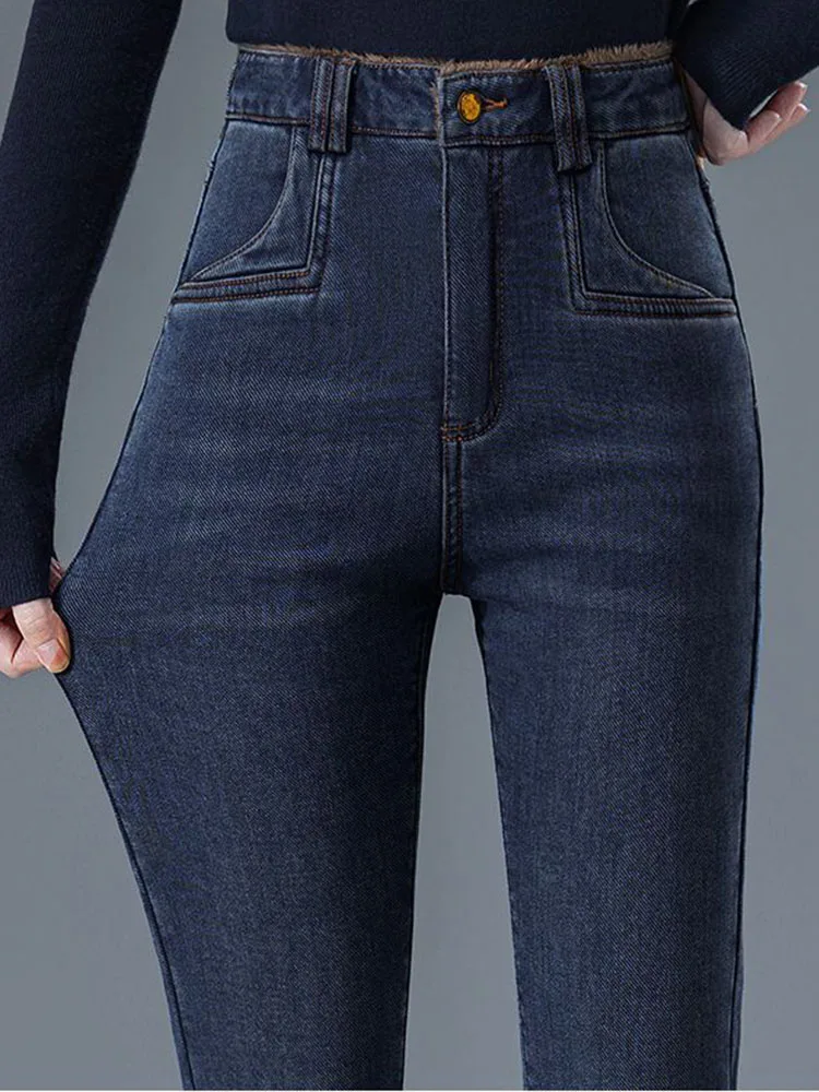 겨울용 따뜻한 스키니 펜슬 진 한국 패션 하이웨이스트 플리스 안감 데님 팬츠 여성 캐주얼 빈티지 스트레치 솔리드 바케로스