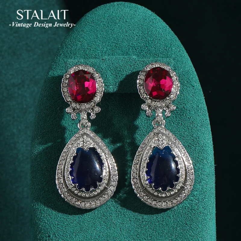 

Vintage Blue Zircon Water Drop Earrings Luxury Rhinestones Pink Crystal Natural Stone For Girls Jewelry High Quality Designer