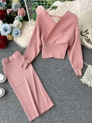 New Women's High Waist Bright Silk Knit Bag Hip Skirt Two-piece Fashion V-neck Sweater Bat Sleeve  Two-piece Women's Sets GD123