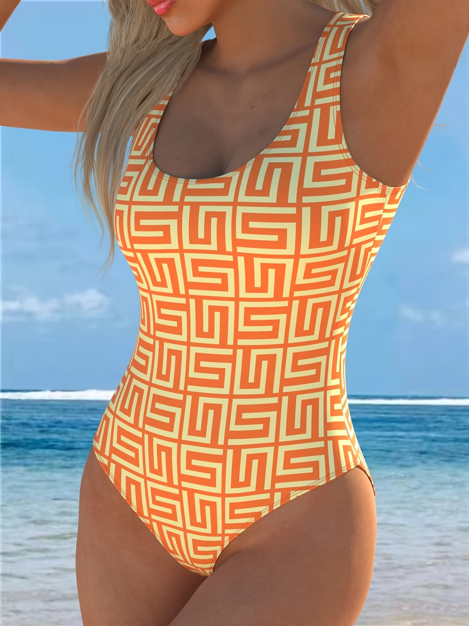 Women'S One-Piece Swimsuit with Striped Print, Round Neck Design, Made of High-Stretch Fabric, Perfect for The Beach And Pool.