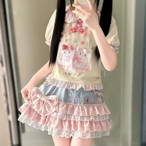 Conjunto de falda estilo japonés Kawaii Lolita para mujer, camiseta de manga corta con estampado de gato y agradable arco, minifaldas bonitas de pastel, traje de falda Harajuku Y2k