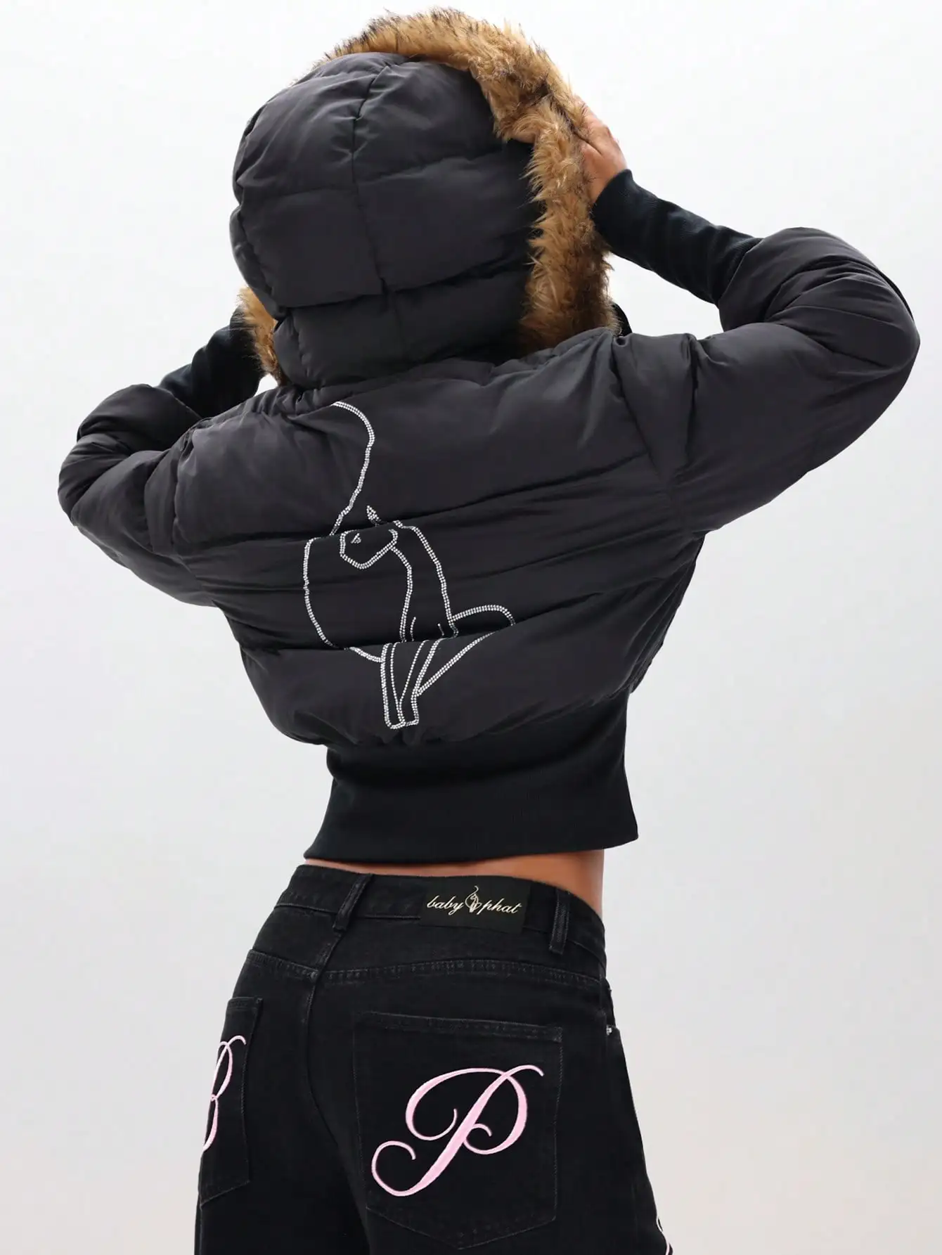 

Cropped Puffer Jacket with Faux Fur Hood and Rhinestone Graphic Back Design
