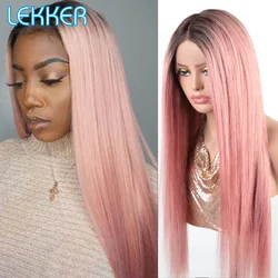 Lekker Rose Pink Bone Straight 13x6x1 T Part Lace Front Human Hair Wigs For Women Brazilian Remy Hair Glueless Colored Long Wigs