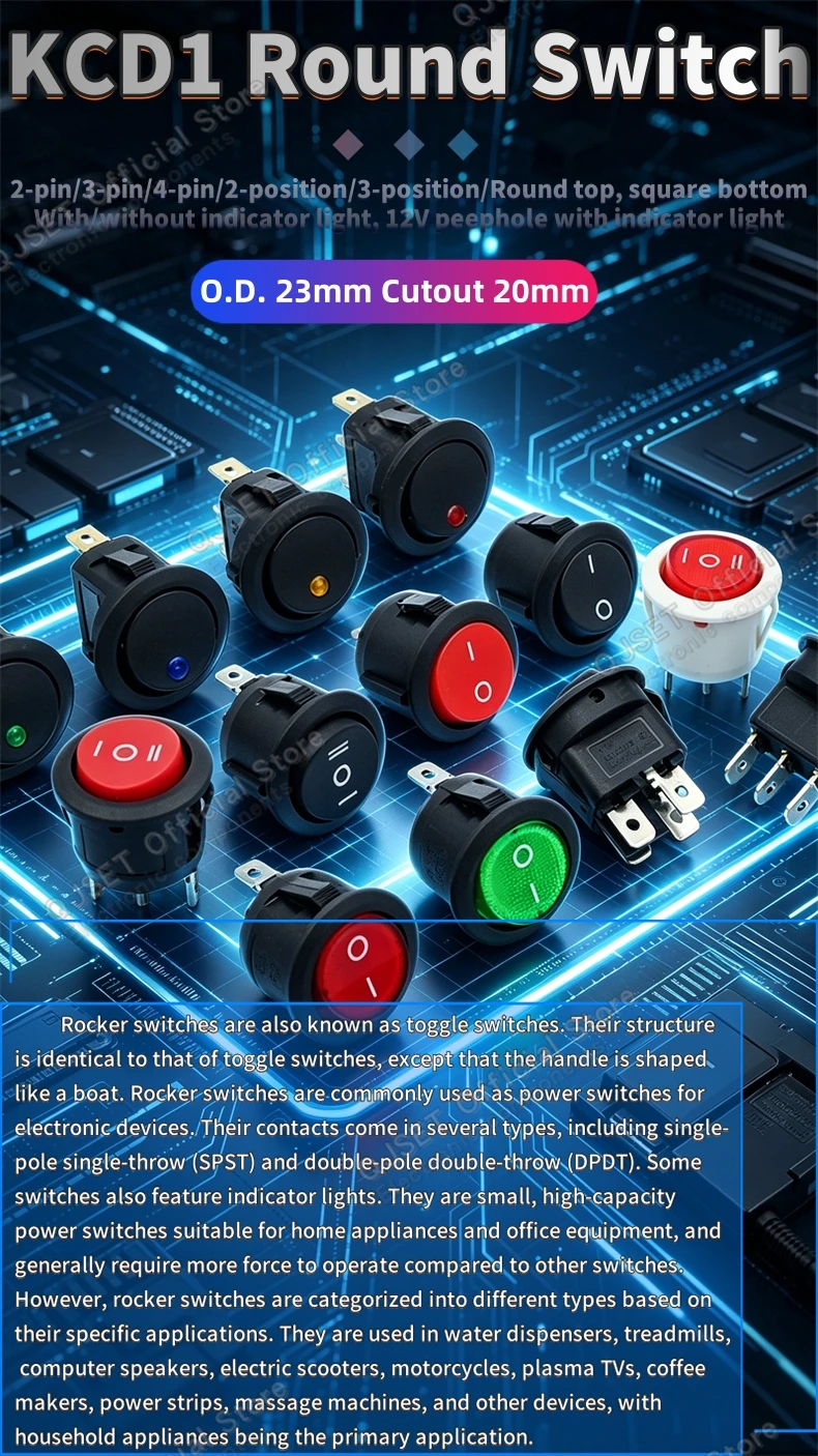 5 Stück KCD1 EIN-AUS-EIN 2/3/4-Pin 2/3-Positionen Einrastbarer 6A 220V Grüner Roter LED Runder Wippschalter für Haushalt DIY Ersatz – Detail 1