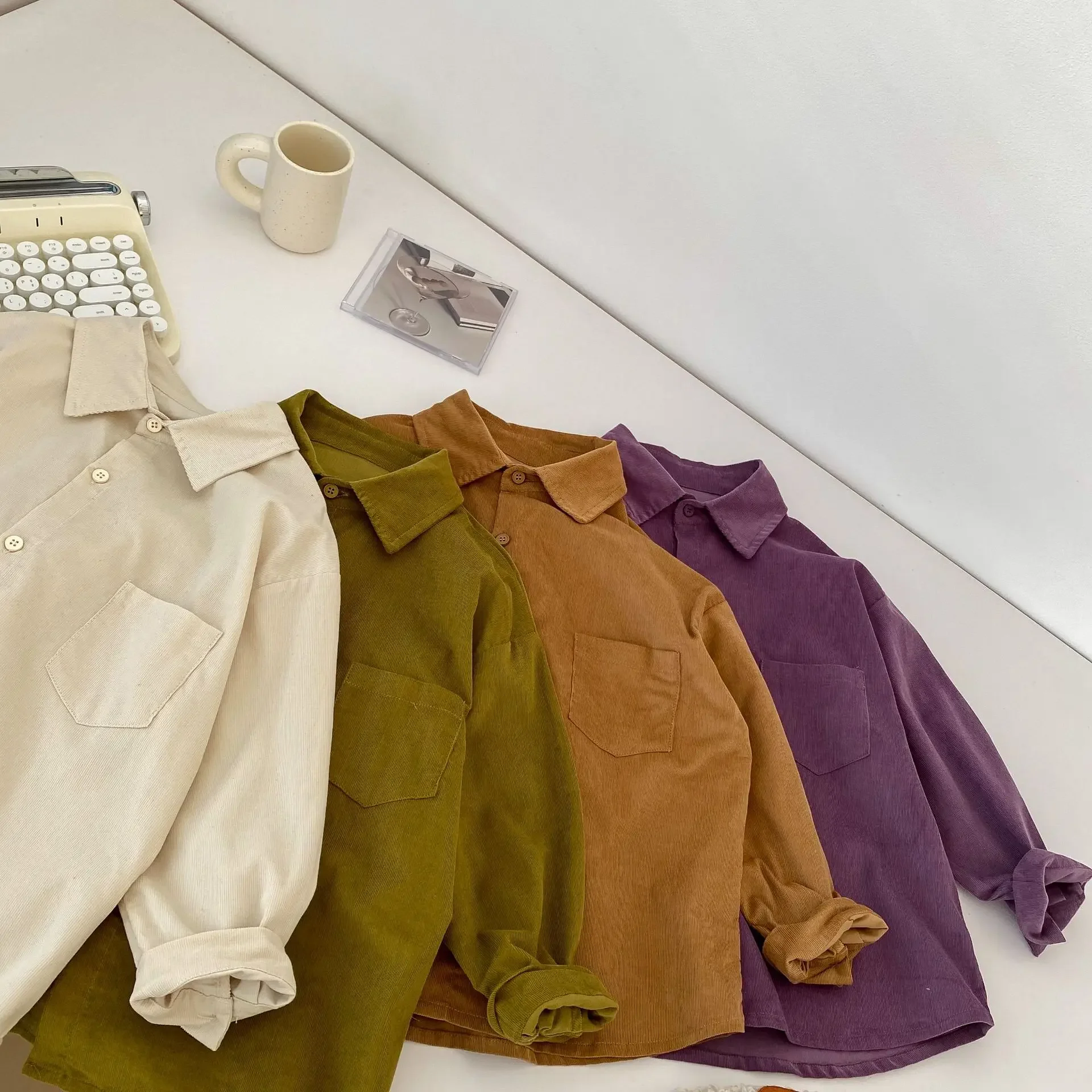 Korean Style Autumn Baby Girls Boys Corduroy Shirts Solid Color Turndown Collar Single Breasted Undershirts Blouses with Pocket