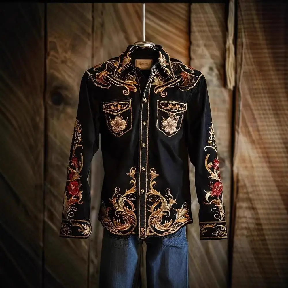 

Casual Men's Printed Comfortable Loose Fit irt Ci Walk PU Material Long Sve Collar Inner Wear Vintage Sle