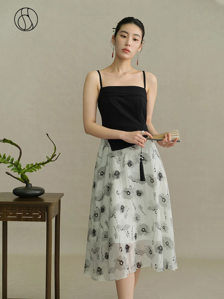 DUSHU Ink Style Fake Two Slip Dress Autumn Dress New National Style Skirt 2023 New Casual Loose High Waist Women Skirts