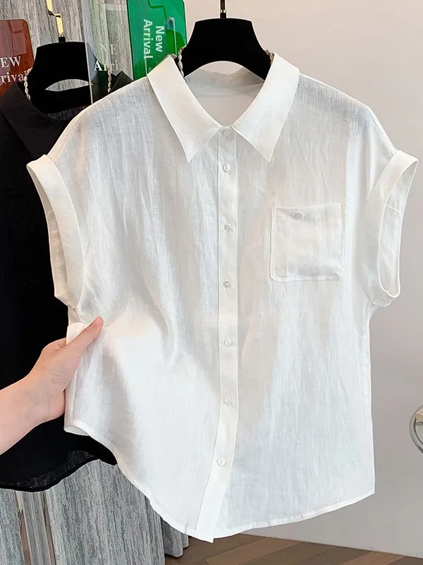Csa de Linho de Manga Curta com Design Único para Mulheres, Estilo Fino de Verão, Csa E, Moda Casual para Trabalho