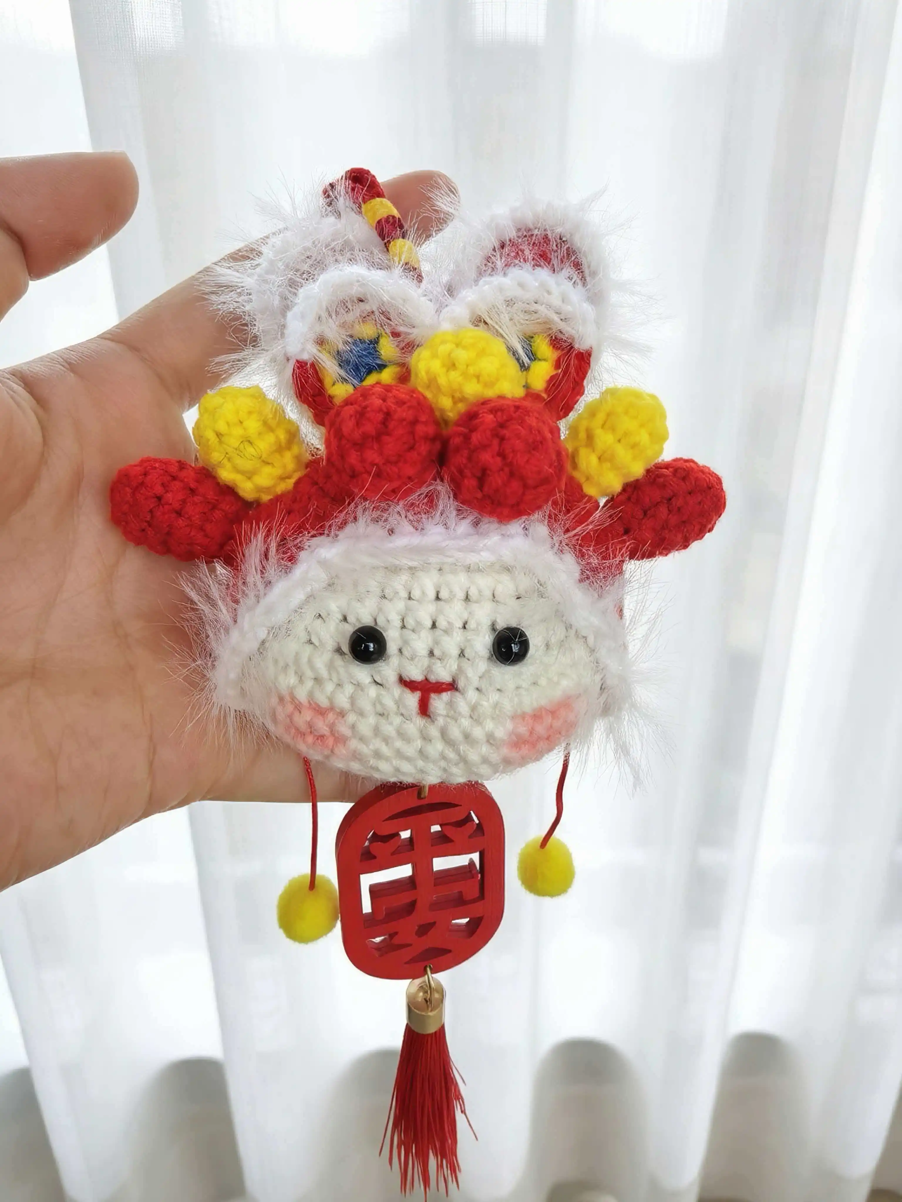 Chinese Style Crochet Lion Dance Rabbit Car Pendant Handmade Knitted Lucky Safety Amulet Tassel Ornament New Year Gift Auto Inte