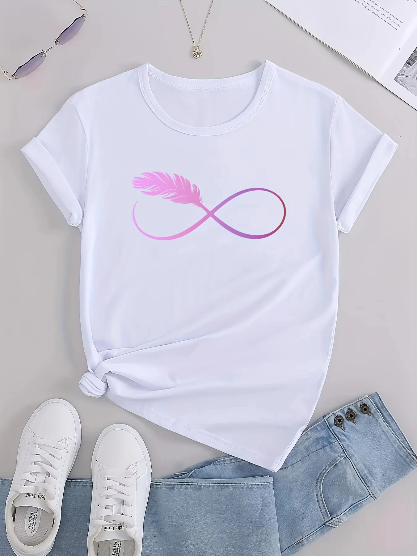 Unisex Infinity Feather Gradient Graphic T-Shirt Pink Purple Boho Symbol Print Short Sleeve Crew Neck Casual Daily Tee Top