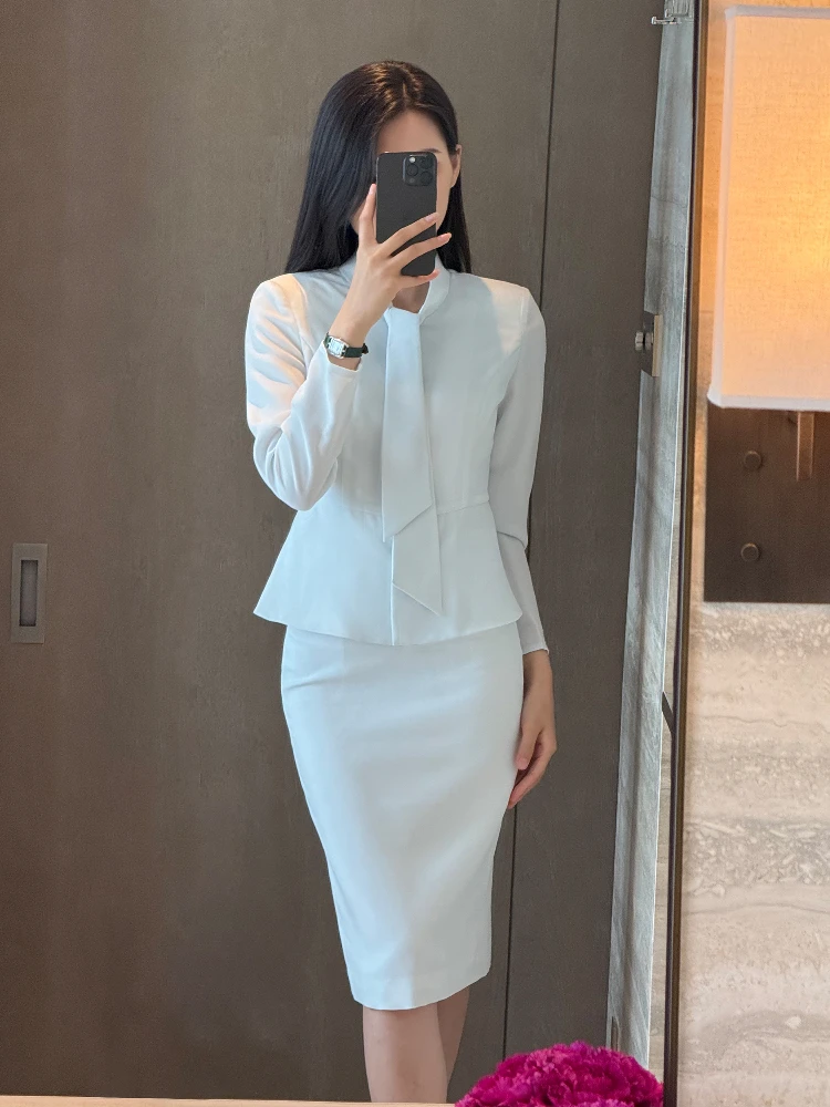 

Ele Slim Fit irt And Tie Top f Skirt Two Piece Set Summer New Arrival Busin Commute Sle Long Sve Color