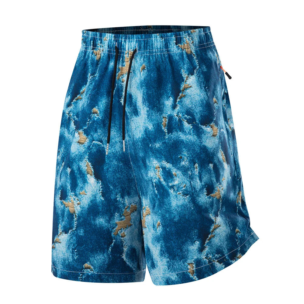 

Men Quick Dry Denim Look Shorts Distressed Printed Casual Sports Shorts Elastic Waist with Zipper Pocket Summer Beach Shorts