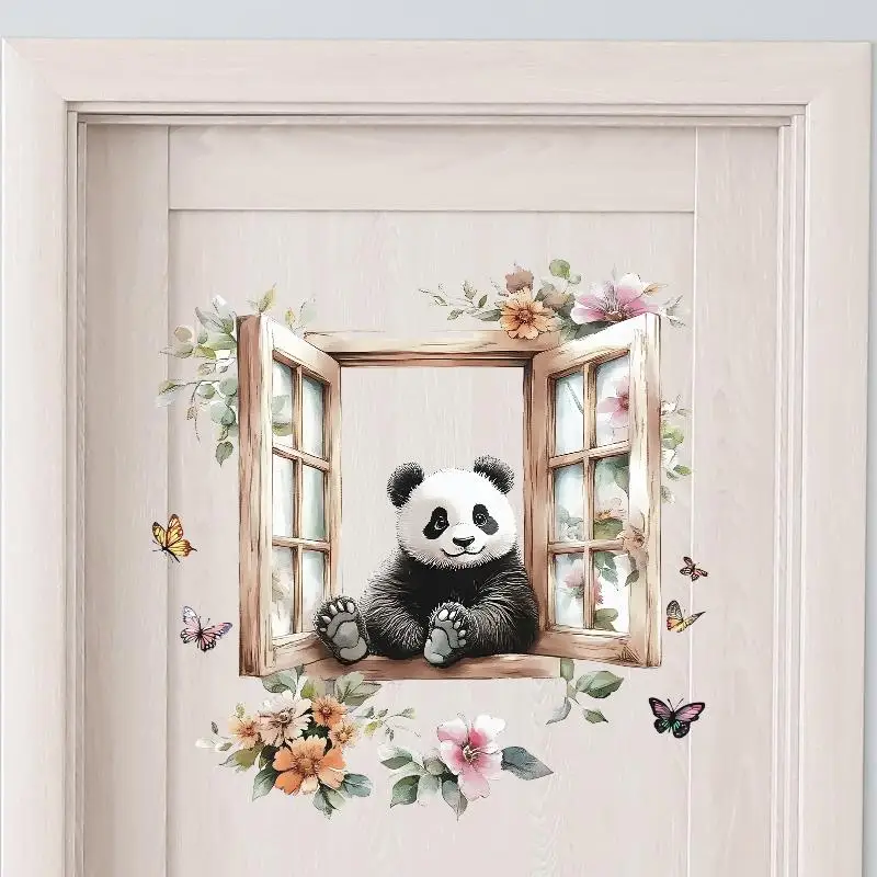Panda Flower Butterfly Wall Sticker For Kids Room Background Deco Wallpaper Bedroom Home Decoration Self-adhesive Cartoon Decal