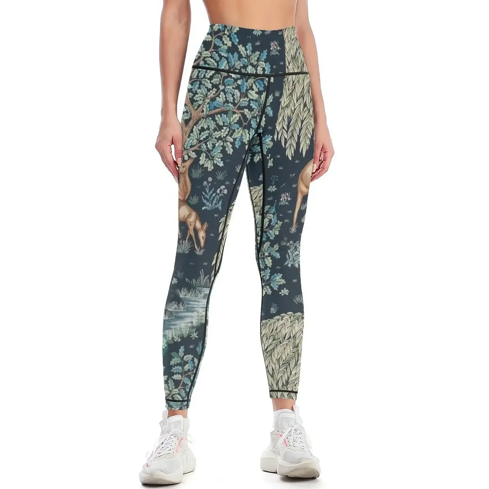 

FOREST ANIMALS, DEERS BY A BROOK Blue Green Floral Leggings Fitness clothing trousers gym's clothing Womens Leggings