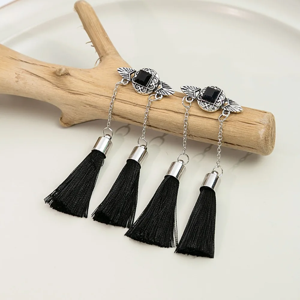 Double Long Tassel Temperament Fringe Earrings Neo-chinese Style Elegant Black Pendant Earrings Electroplating Plating