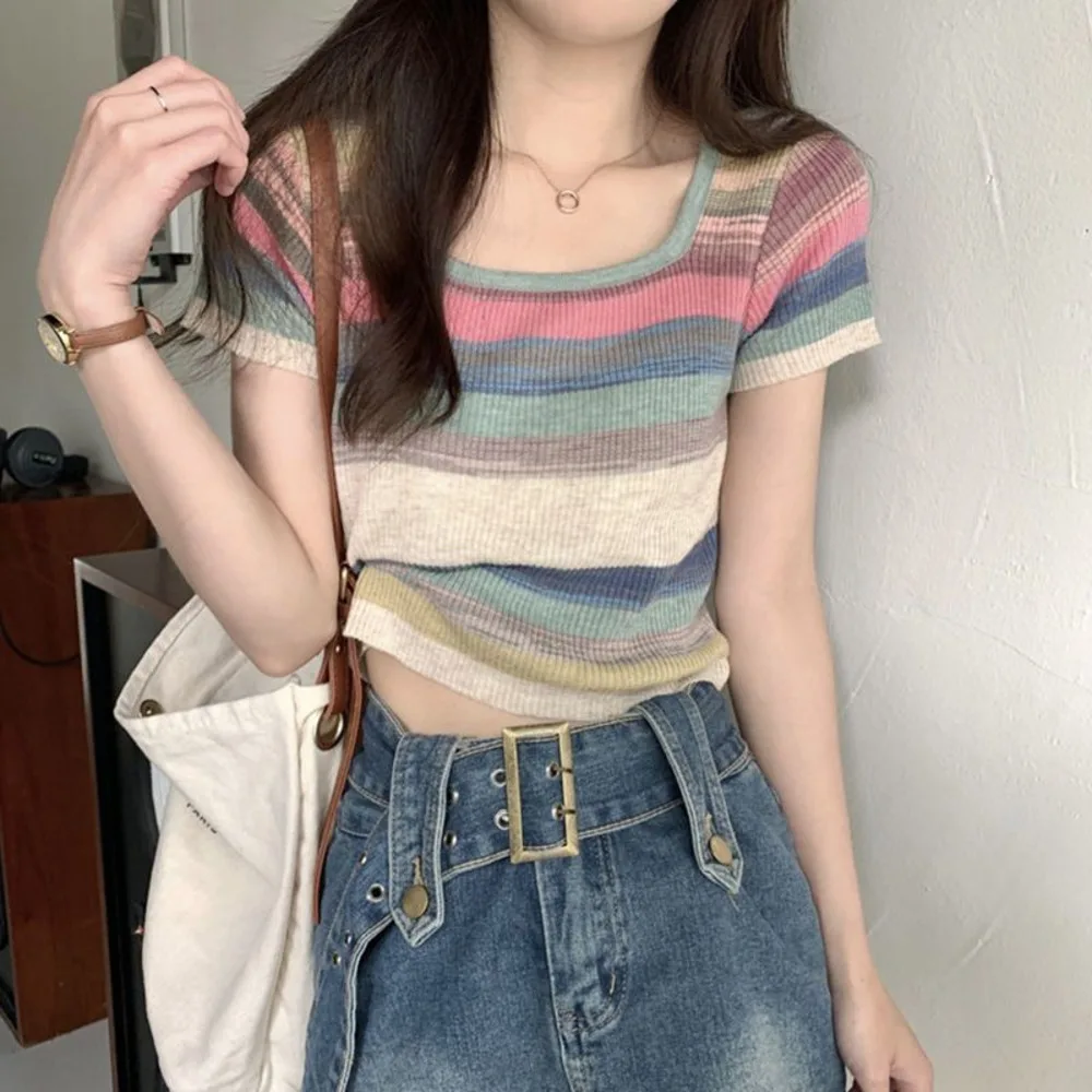 

Womens Rainbow Striped Square Neck Slim Fit Knitted Short Sleeve T Shirt Summer Thin Crop Top Sweet Sexy Cute Y2K Fashion Tee