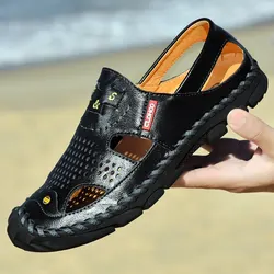 Men Genuine Leather Shoes Men's Sandals Durable Handmade Stitching Close Toe Non Slip Shoes For Indoor Outdoor Beach Casual