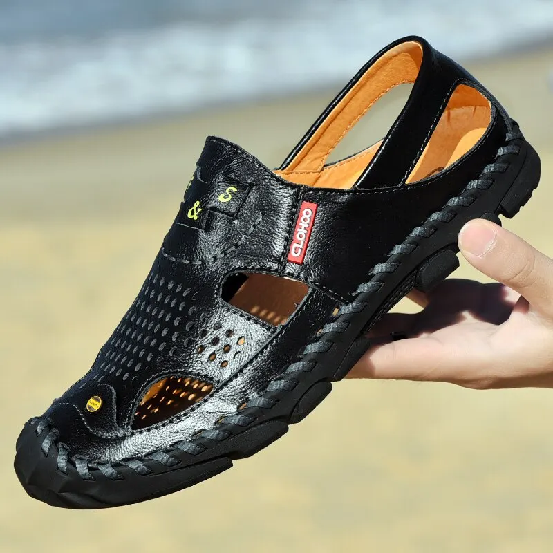 Men Genuine Leather Shoes Men's Sandals Durable Handmade Stitching Close Toe Non Slip Shoes For Indoor Outdoor Beach Casual