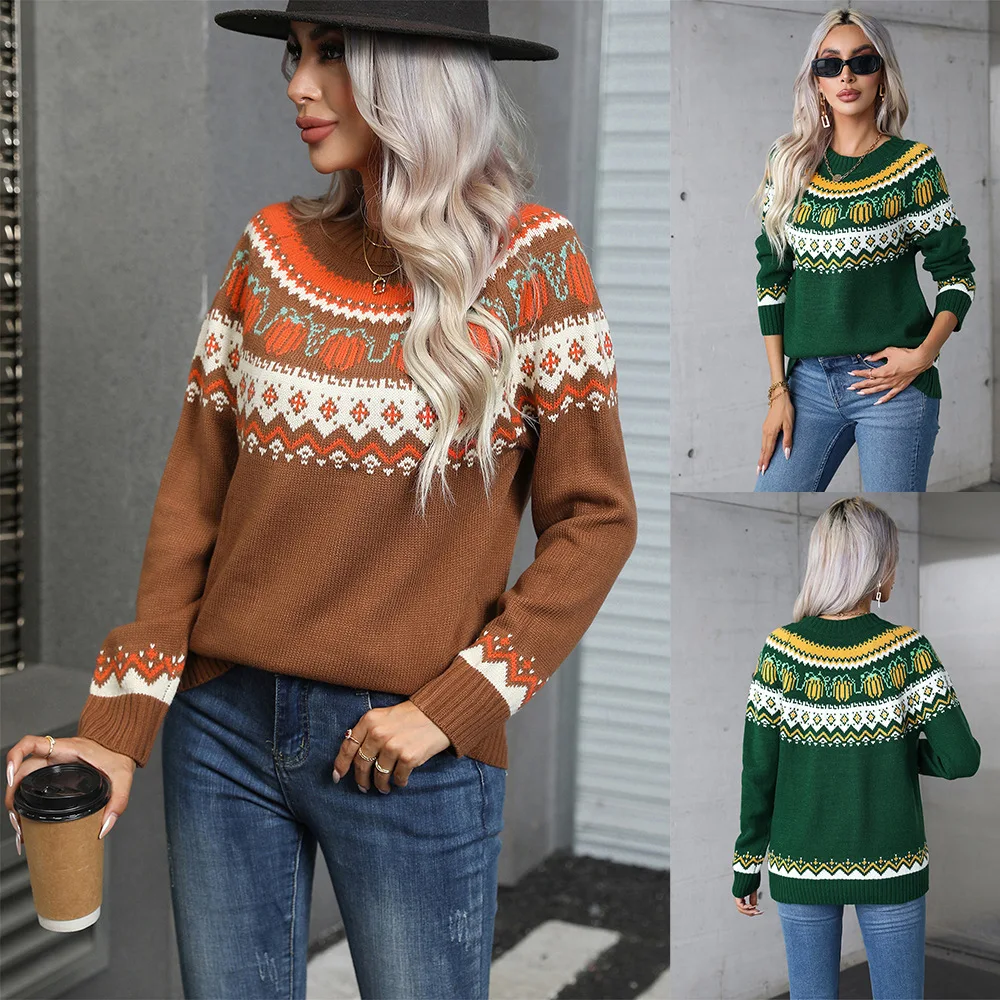 

2025 Spring New Women's Halloween Sweater Large Size Crew Neck Festival Sweater Women's Europe, America