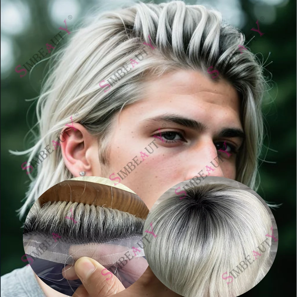 

Невидимые отбеленные узлы с черными корнями 1BT60R # Мужской парик-протез из натуральных волос, омбре-блонд, на французской сетке, полностью кружевной, система восстановления волос