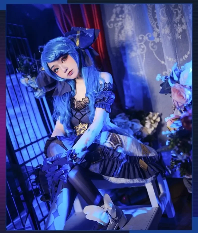 Jogo Gwen Anime Cosplay Traje para Mulheres LoL Santificado Peruca de Costureira, Mulher Sexy Batalha Uniforme Lolita, Halloween Loli Daily Cos Dress