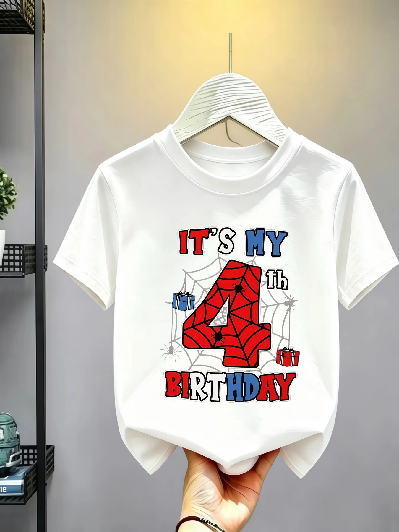 4Th Birthday Spider Web Gift Print Family Cotton Tee Summer New Fashion Pure Cotton Parent-child Short Sleeved Children's Tshirt