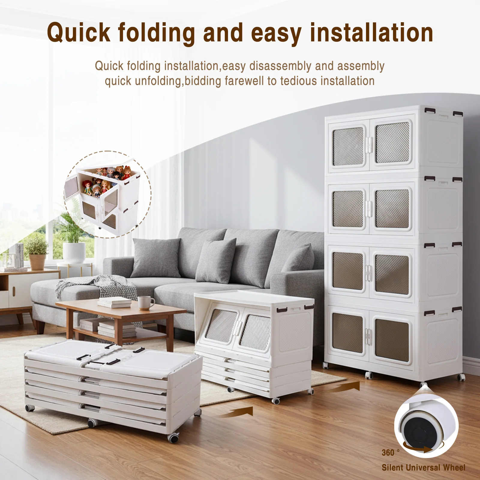 Stackable Storage Bin with Lid Closet Storage and Organizer with Wheel Free Installation Storage Cabinet for Garage Laundry Room