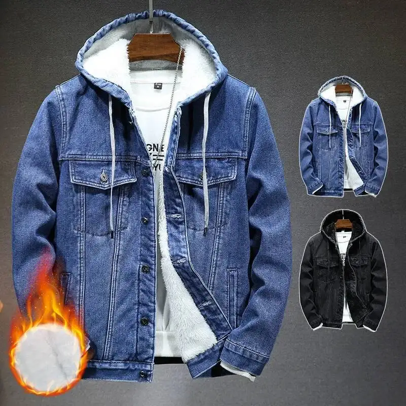 

Men's Hooded Denim Jacket High-End Vintage Style Fall/Winter Fleece Lining Warm Thickened Windbreaker