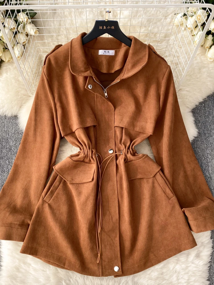 New Women Casual Coat Autumn Winter Drawstring Slim A-line Short Trench Coat Ladies Korean Chic Jacket