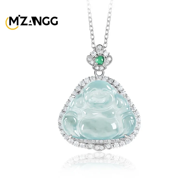 Natural S925 Silver Inlaid Jadeite Blue Water Buddha Gong Pendant Fashion Luxury Exquisite Ice Kind Women's Jade Necklace Gift