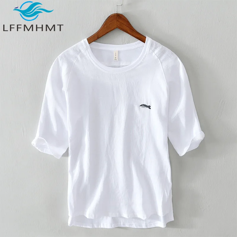 3351 Cotton and Linen Patchwork Short Sleeve T-shirt for Men Summer Fashion Dolphin Embroidery Healthy Breathable Tee Top Male