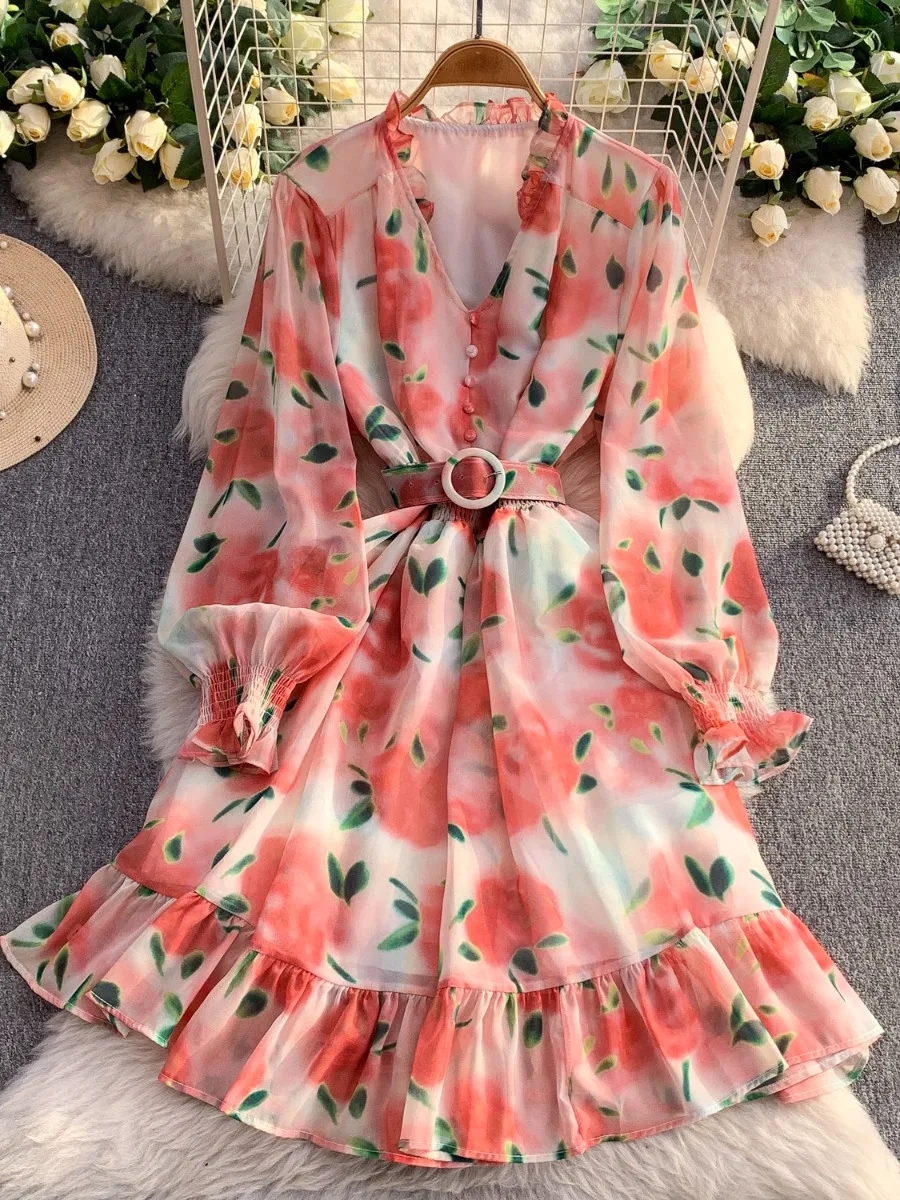 Foamlina 女性 V ネック花柄シフォンドレス長袖ネクタイウエストフリル裾スリムフレンチスタイルスリムフィット秋の摩耗