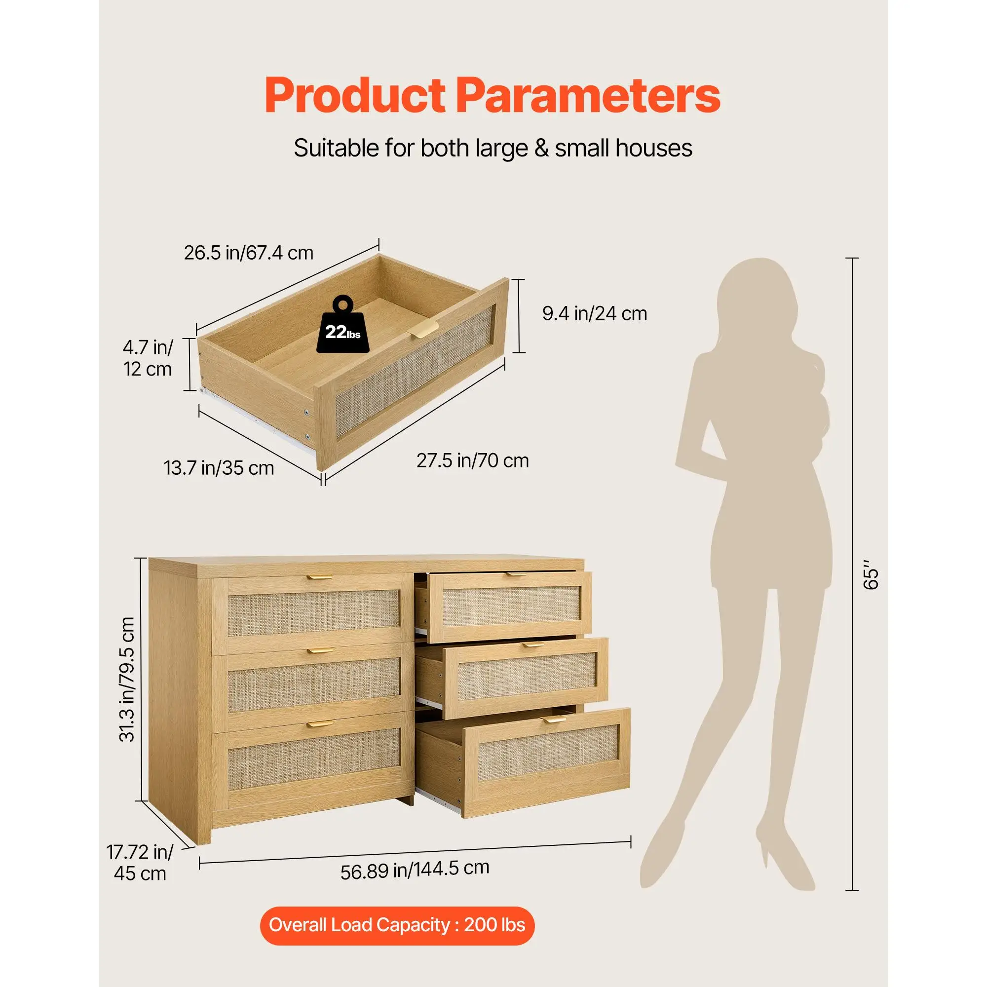 6 Drawer Rattan Dresser Double for bedroom Chest of Drawers with Metal Handles Natural Woven Storage Cabinet Modern Wood Clothing Organizer for bedroom Living Room or Hallway Burlywood