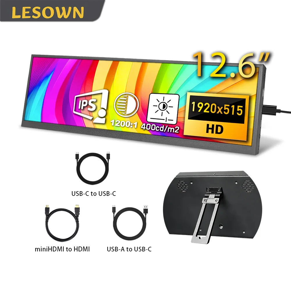 

LESOWN Растянутый планшетный дисплей 8,8 12,6 дюйма 1920x515 Монитор с узкой полосой Аппаратный дисплей в реальном времени Plug & Play Сенсорная панель ПК