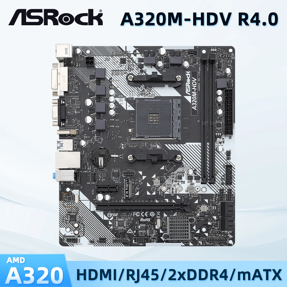 

ASRock A320M-HDV R4, A320 Motherboard AM4 Socket, Supports A6-9400 9500, 2x DIMMs Max. 32GB DDR4, Micro ATX, Used Mainboard