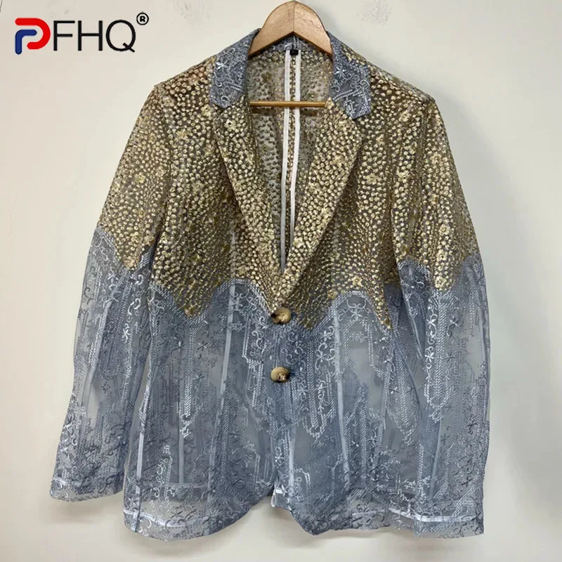 PFHQ Perspective Design Male Blazers Tide Summer Breathable Cool Handsome Organza Embroidered Men\'s Creativity Thin Coat 21Z4560