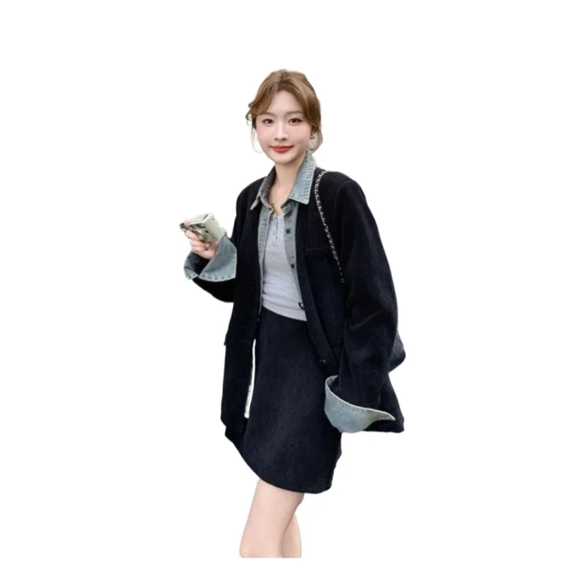 

Spring Loose Suit Super Good-looking Korean Denim Splicing Fake Two Coats Skirt Two Sets of Women Age Reduction Matching Sets