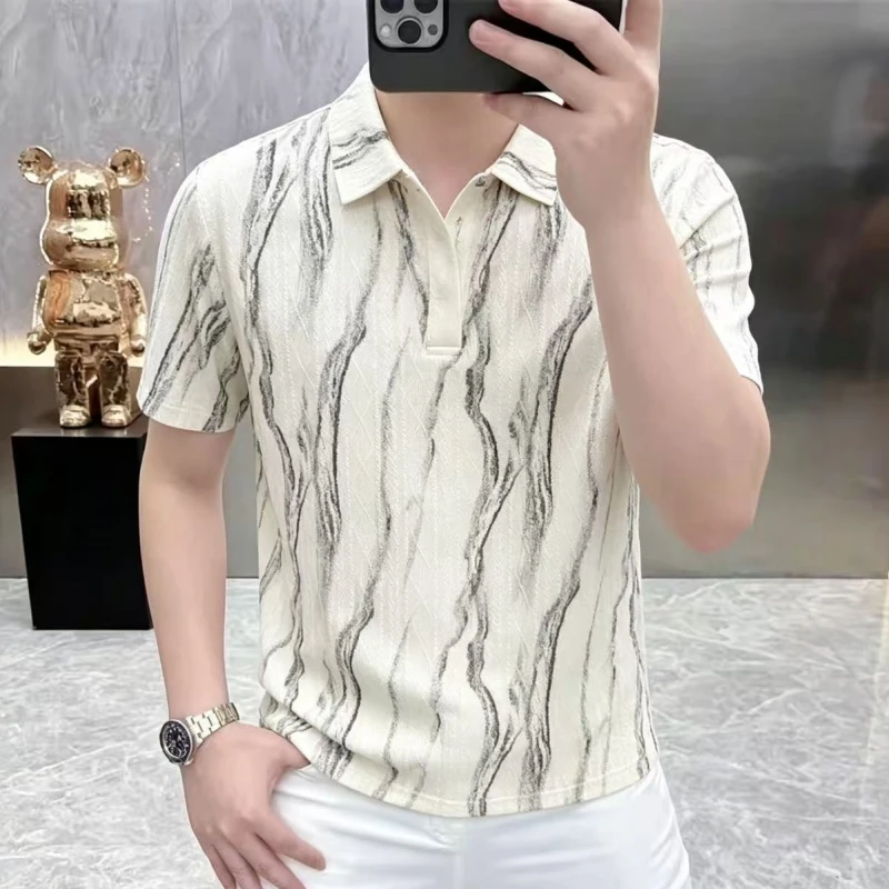 Summer Men's New Style Fashion Casual Seagull Collar Printed Lapel Polo Shirt Top