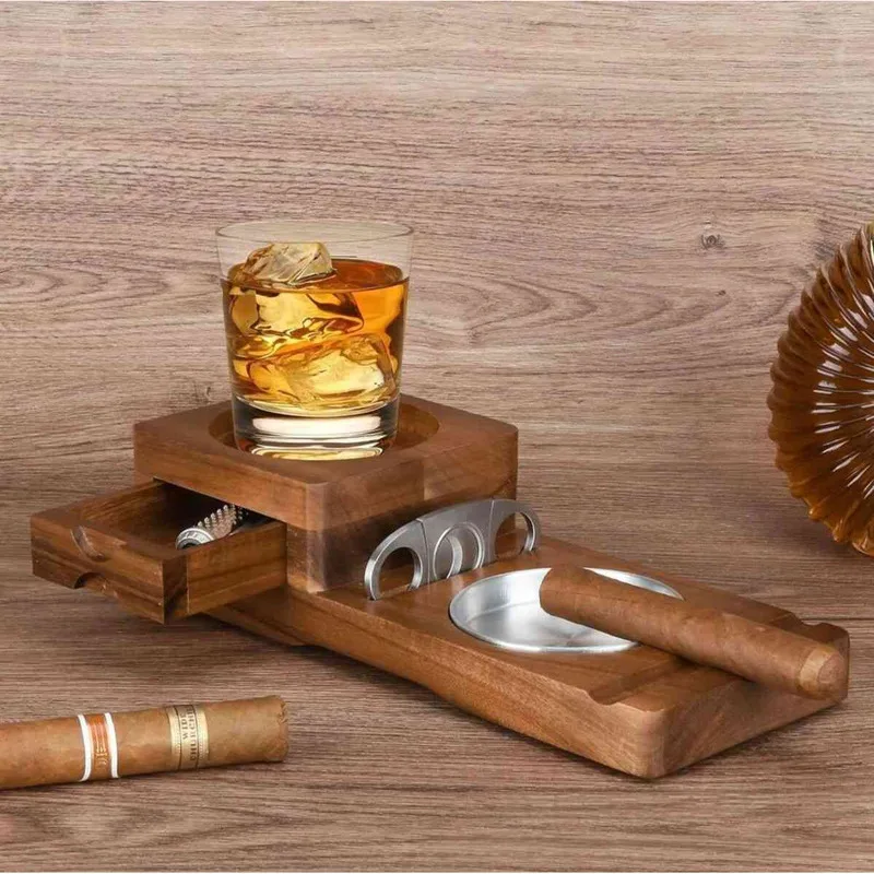 Ashtray Coaster Whiskey Glass Wooden Ash Tray With Cutter, Includes Drawer And Cigar Slot Father Gift Set Cigarette Accessories